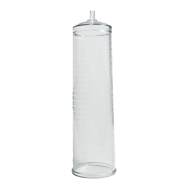 An image showing the larger starter air penis pump replacement cylinder with a clear honeycomb texture, ABS plastic material, and a ruler imprint on a white background