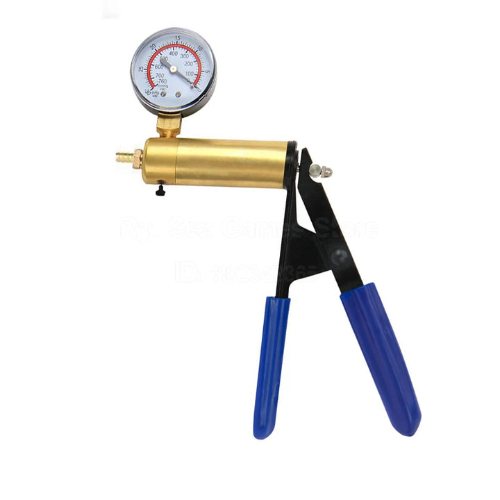An image of a manual trigger pistol hand pump with blue rubberized handle, copper nozzle and white analogue pressure gauge on a white background