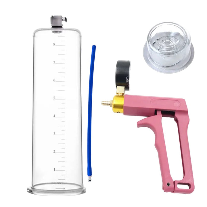 This image shows the ergonomic squeeze trigger manual air penis pump with all of its components on a white background