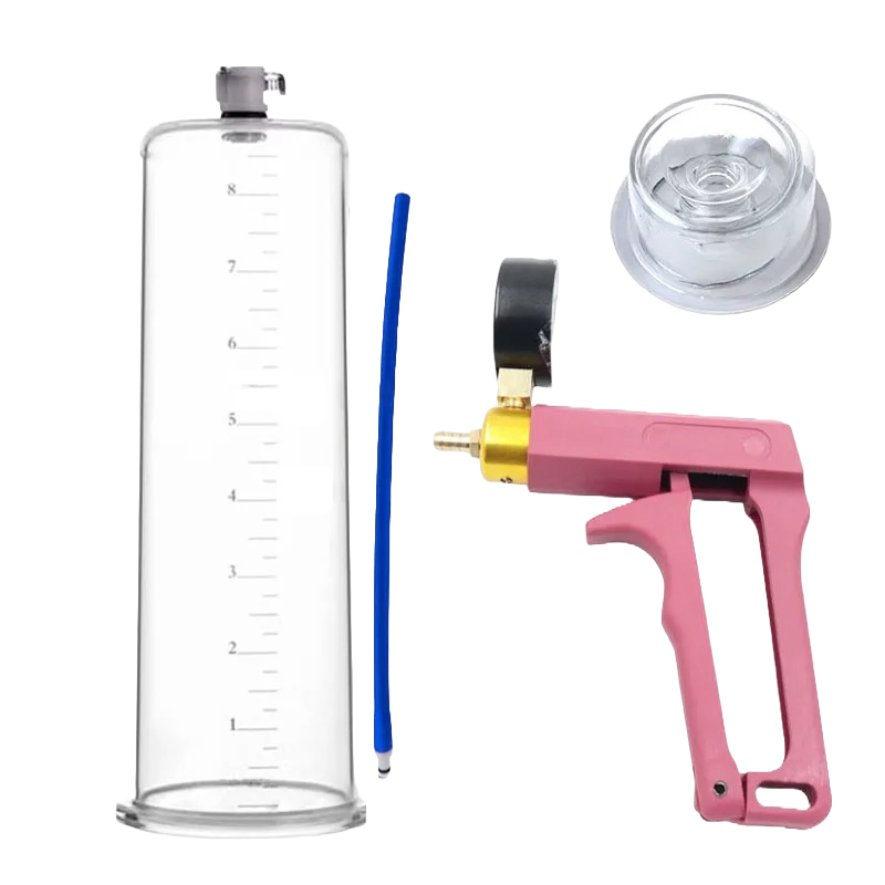 An ergonomic squeeze-trigger pink-colored penis pump with a clear acrylic cylinder, a pink hand pump with an analog pressure gauge, a blue hose, a transparent silicone sleeve, and additional components for use.