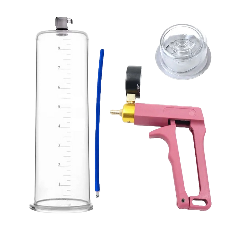 An ergonomic squeeze-trigger pink-colored penis pump with a clear acrylic cylinder, a pink hand pump with an analog pressure gauge, a blue hose, a transparent silicone sleeve, and additional components for use.