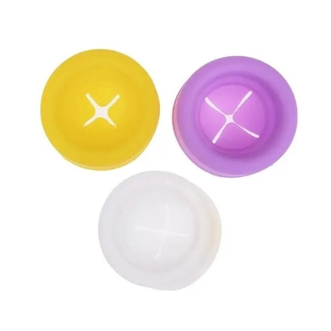The image shows three narrow-opening penis pump sleeve covers in yellow, purple, and white colors, each with a different hole opening size, displayed against a white background.
