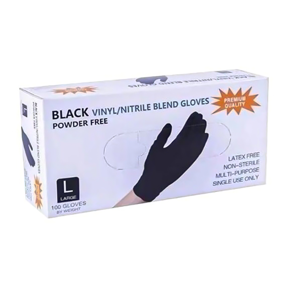 A box of black nitrile/vinyl gloves, labeled as non-latex, non-powdered, and waterproof, intended for single use only. They are a size large and premium quality.