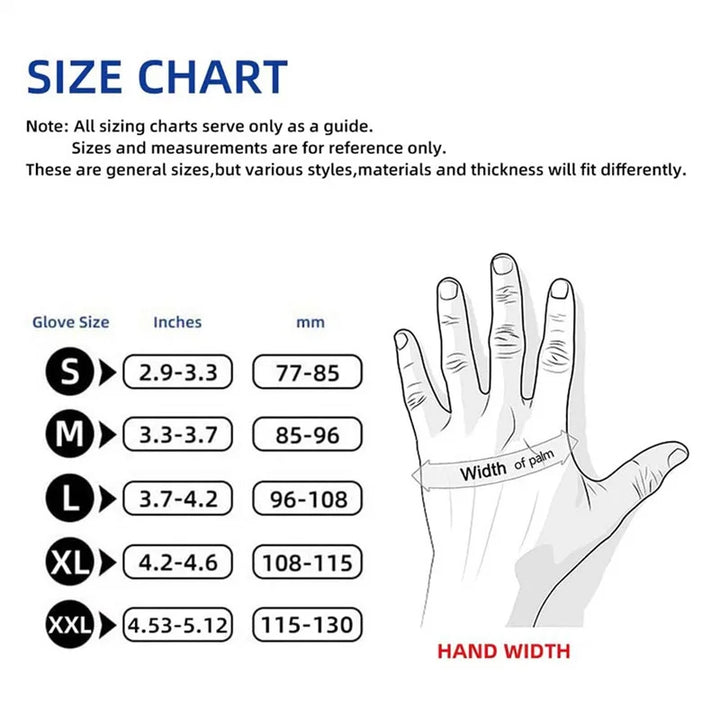 A size chart for nitrile gloves showing different width of palm measurements and the corresponding glove size from small to extra extra large