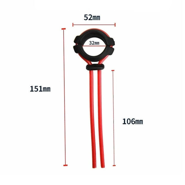 Dimensions of the adjustable cock ring measuring 151 mm in length, 52 mm in width, 32 mm in internal diameter, and 106 mm in length of cords
