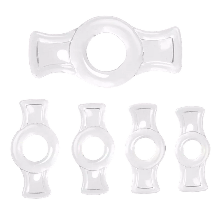 An image showing five clear transparent cock rings with pullable tabs on a white background