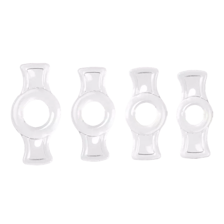 Four silicone cock rings with pullable side tabs, displayed in a row. Each ring has a clear, smooth finish and is designed to fit around the penis.