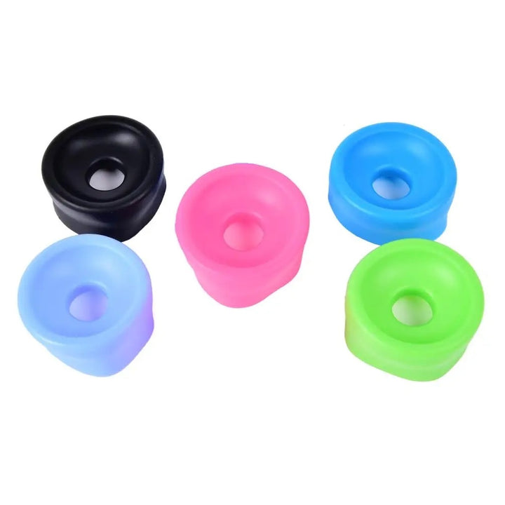 Five rainbow colored penis cylinder covers in black, light blue, pink, blue and green