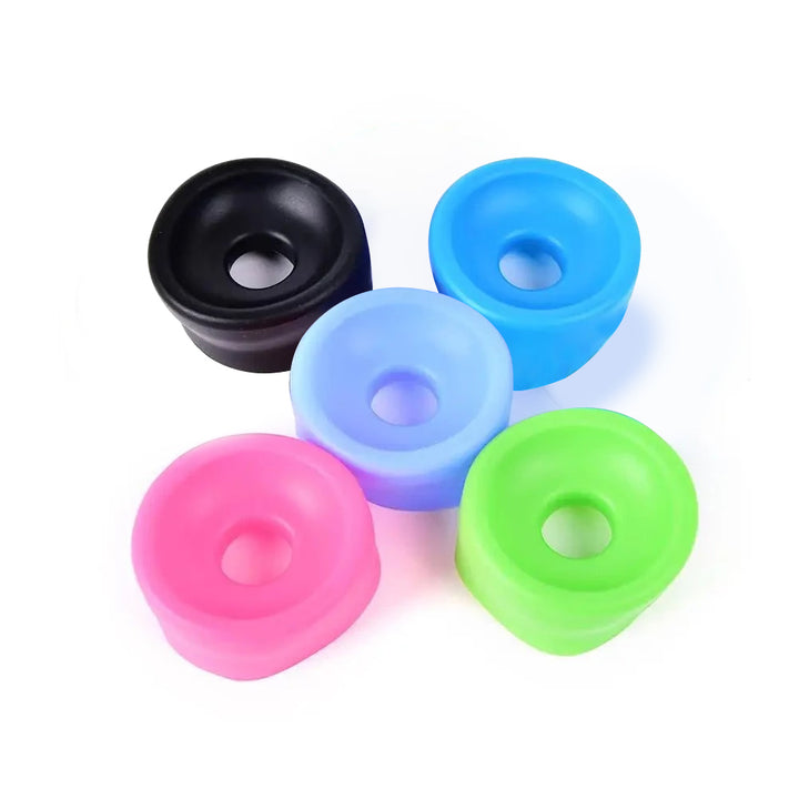An array of penis pump sleeve covers in various colors including black, blue, light blue, pink, and green, displayed against a white background.