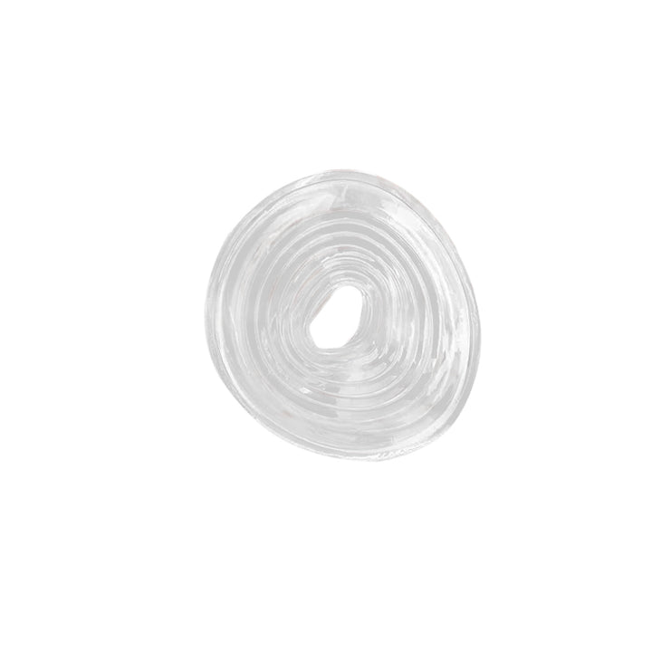 A clear transparent white penis pump silicone sleeve cover with a ribbed texture on a white background