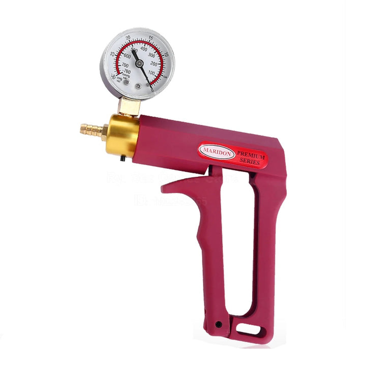 An image of the pink ergonomic high efficiency manual trigger pistol hand pump with an analogue pressure gauge, copper nozzle, and a product label of "Premium Series" on a white background
