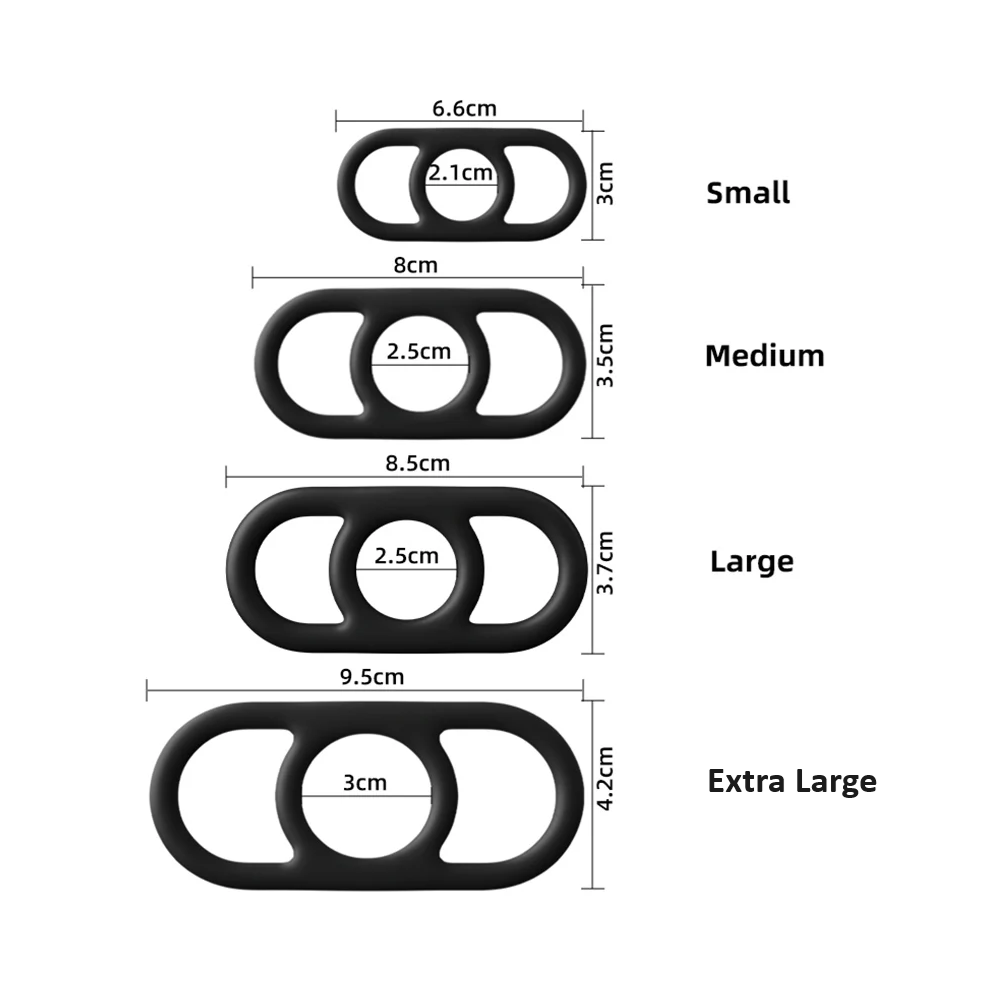 An image of four black premium cock rings with side handles of varying sizes including small measuring 6.6 cm wide, 3 cm deep with a 2.1 cm internal cock insertion diameter, medium size measuring 8 cm wide from handle to handle, 3.5 cm deep, and a 2.5 internal diameter for the penis, large measuring 8.5 cm wide, 3.7 cm deep or tall, and a 2.5 internal penis insertion diameter, and lastly, extra large size with measurements of 9.5 cm wide, 4.2 cm deep, and 3 cm internal diameter.