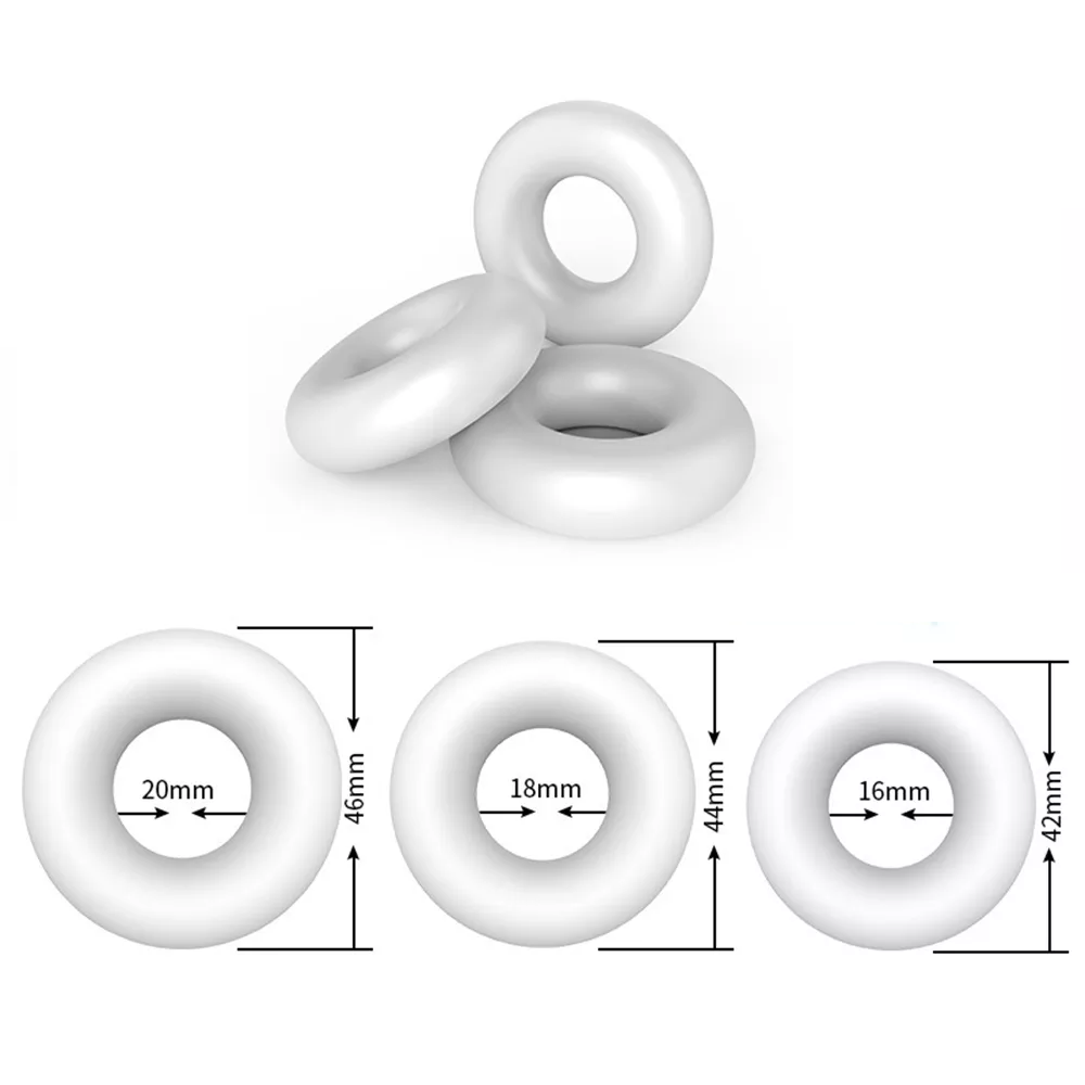 An image showing the dimensions of the varying sizes of premium thick cock rings measuring 20 mm internal diameter and 46 external diameter for large, 18 mm internal diameter and 44 mm external diameter for medium, and 16 mm internal diameter and 42 external diameter for small.