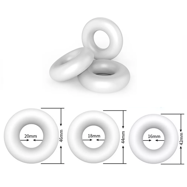 An image showing the dimensions of the varying sizes of premium thick cock rings measuring 20 mm internal diameter and 46 external diameter for large, 18 mm internal diameter and 44 mm external diameter for medium, and 16 mm internal diameter and 42 external diameter for small.
