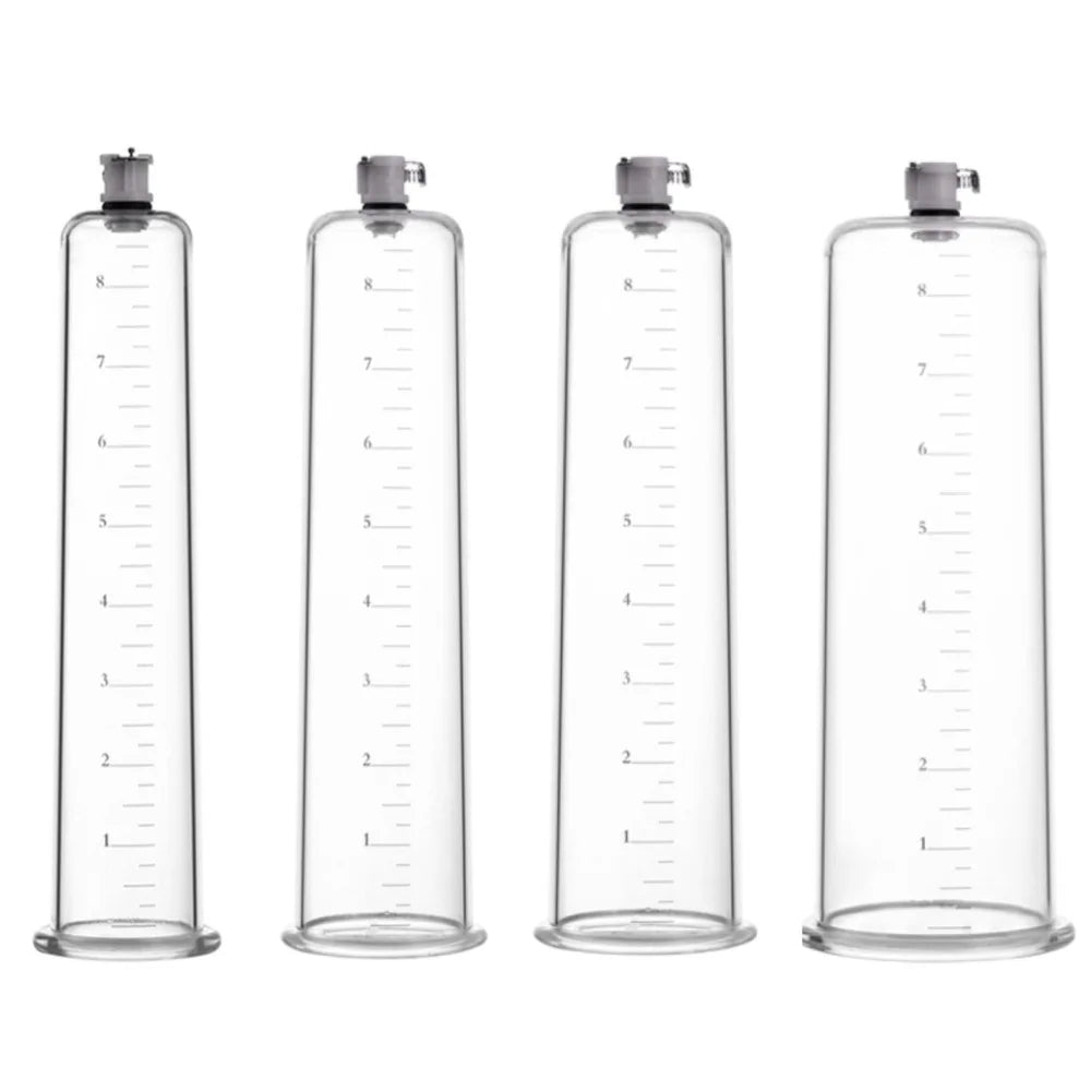 A set of four clear contouring acrylic penis pump cylinders with ruler markings, each having a different diameter.