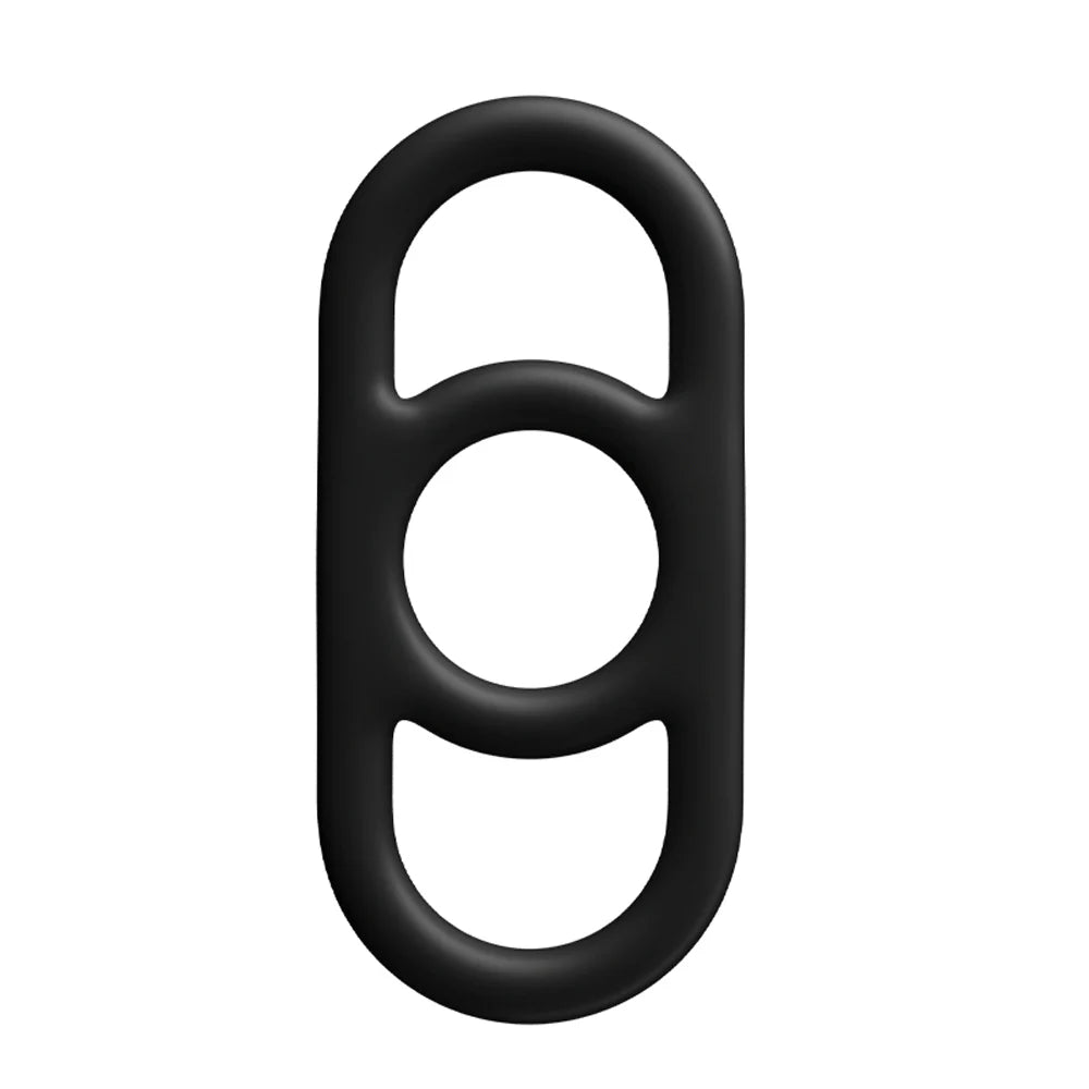 A black premium cock ring with pullable side handles, made from smooth silicone.