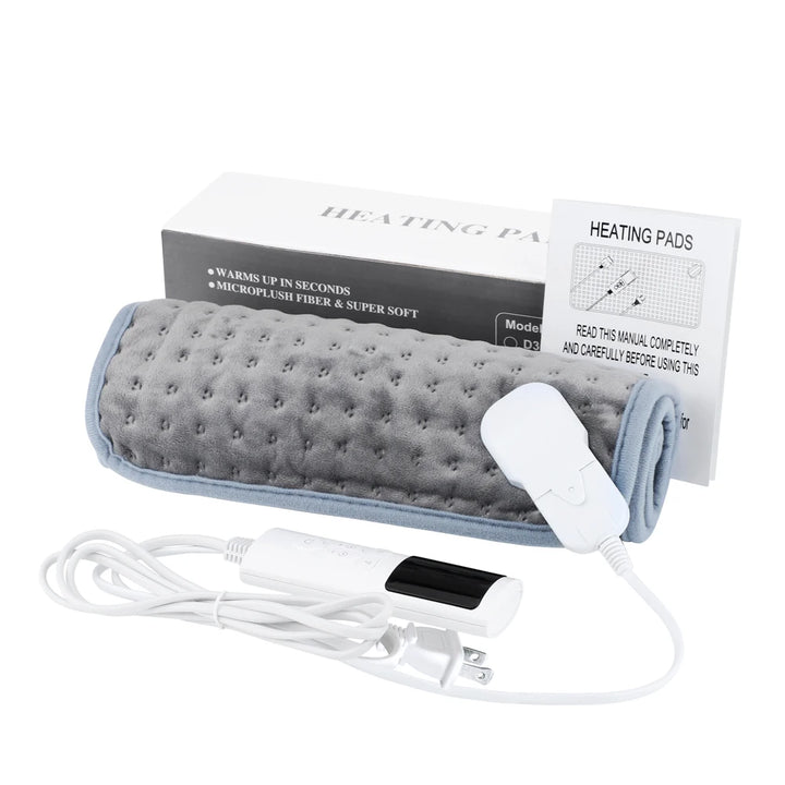 A product image of a rolled up electric heating pad, a white electric LCD remote control, a product packaging box, and an instruction manual