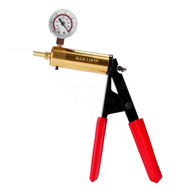 An image of a red premium manual-trigger hand pump with red rubberized handles, copper nozzle, and a white analogue pressure display on a white background