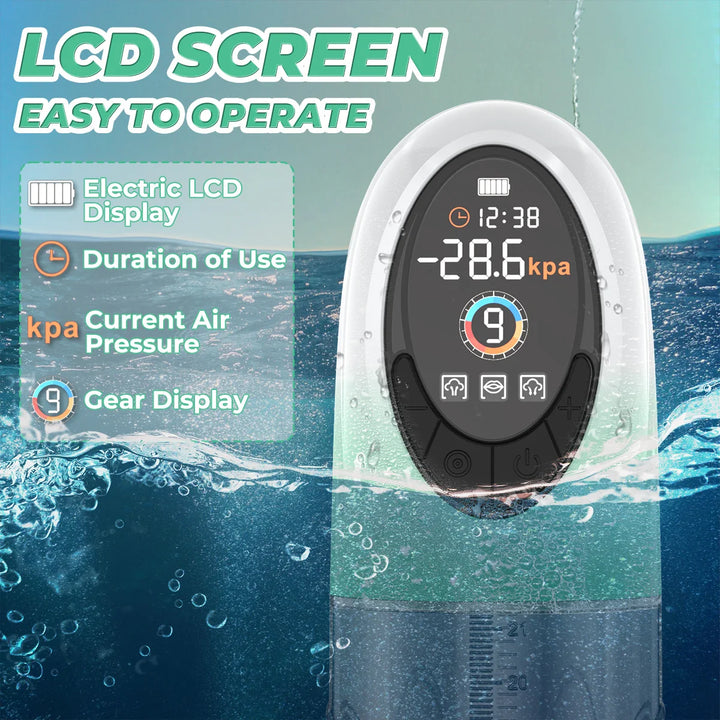 Digital pressure gauge of vacuum pump with LCD screen displaying pressure readings against a water-themed background