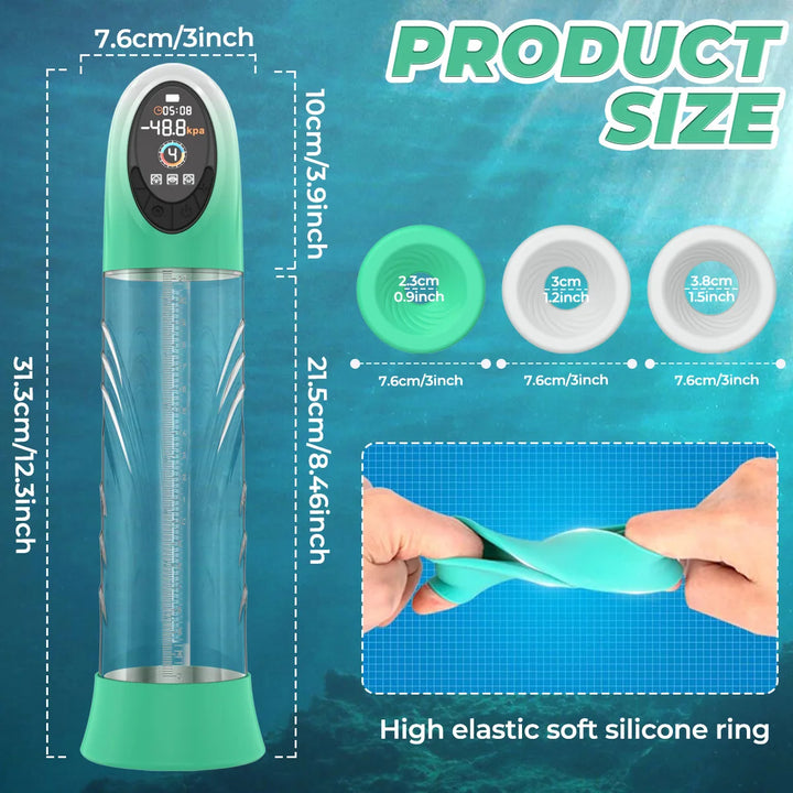Product dimensions chart with a green and white cylinder sleeve and measurements on a blue background.