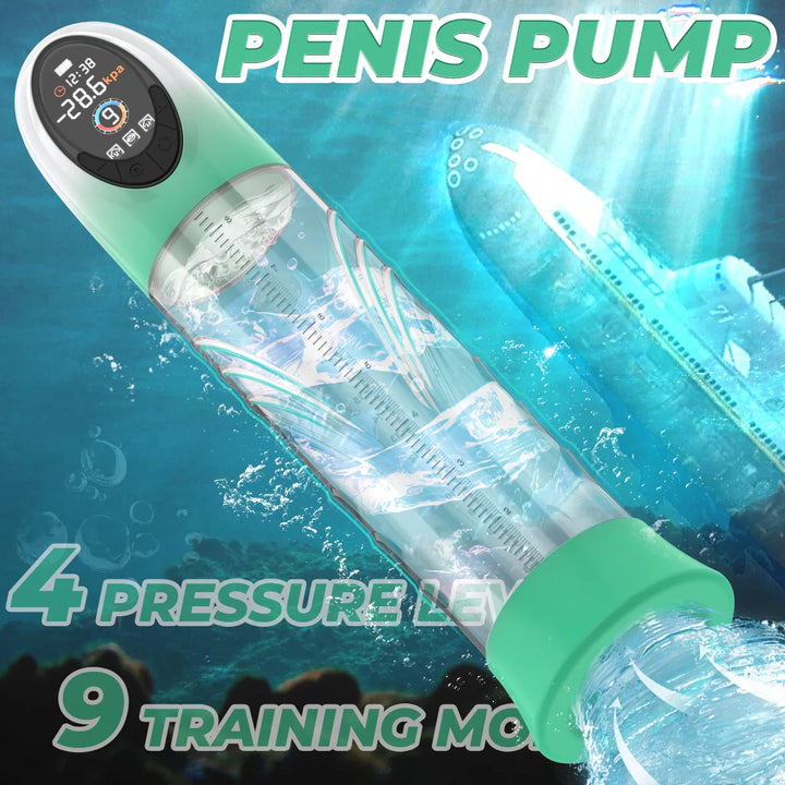 Penis pump with digital display and water effects on a blue background