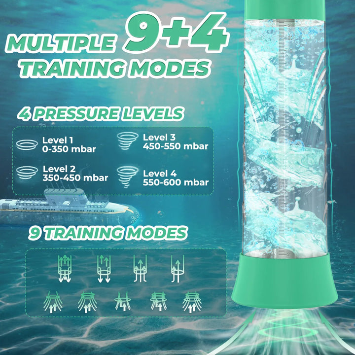 Penis pump device with pressure level and training mode indicators on a blue underwater-themed background
