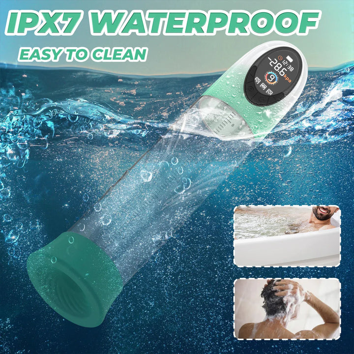 TidalForce electronic green penis pump being used underwater with label 'IPX7 Waterproof Easy to Clean' above it.