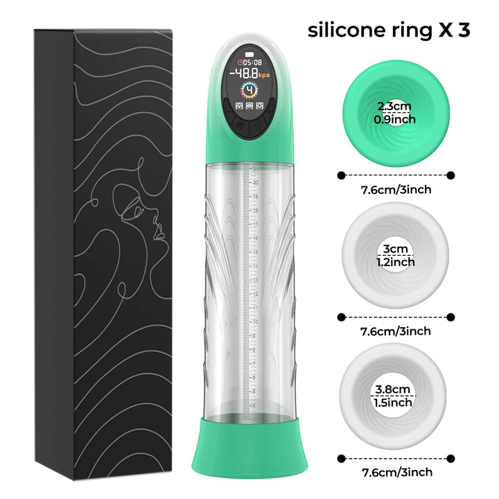 Green electronic water vacuum pump device with penis measurements and packaging on a white background