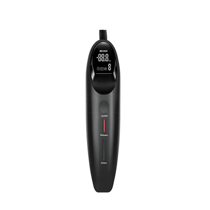An image of the black SmartTech electric penis pump remote control, which is made of ABS plastic with stainless steel electrical components, has an LCD screen displaying the pressure level, battery life, and pump program, and three buttons to operate the vacuum device, on a white background