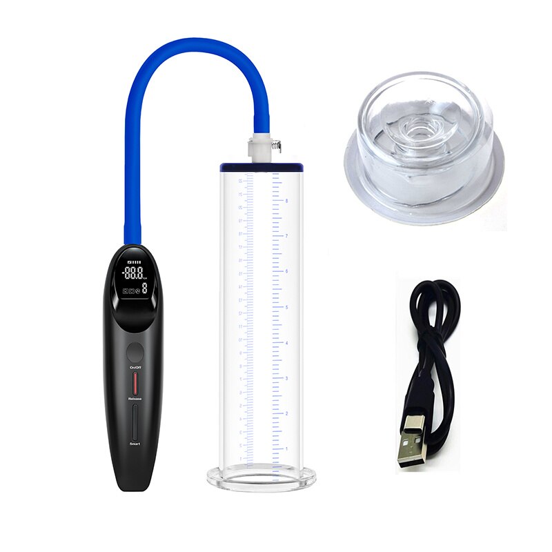 Penis vacuum pump with 9" inch clear cylinder with a blue hose connecting to a black remote control with LCD screen and a silicone sleeve and charging cable that come with the package