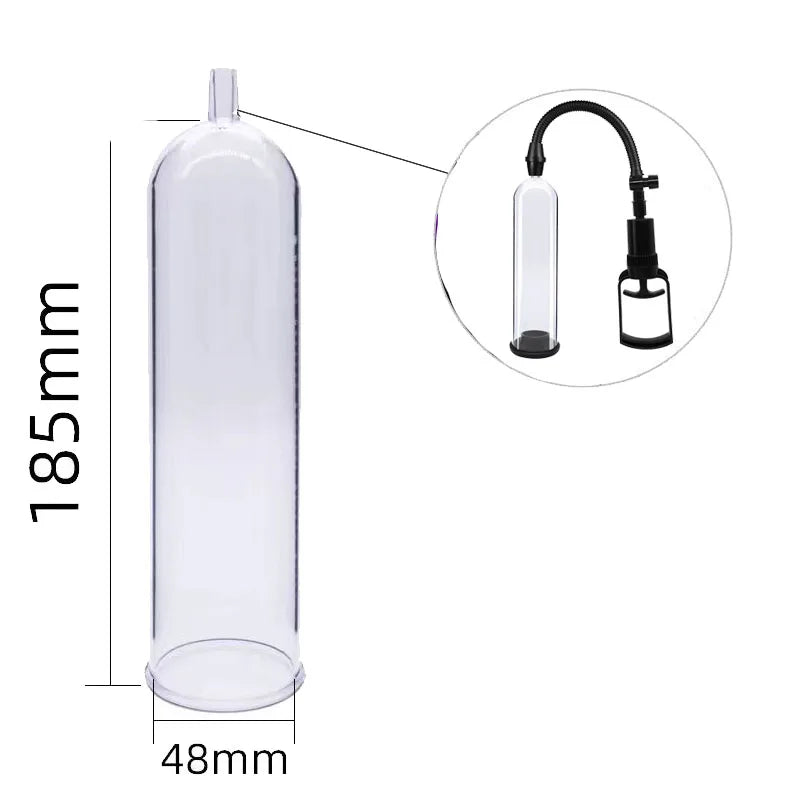 An image showing the starter penis pump spare cylinder's dimensions of 185 mm long and 48 mm in diameter