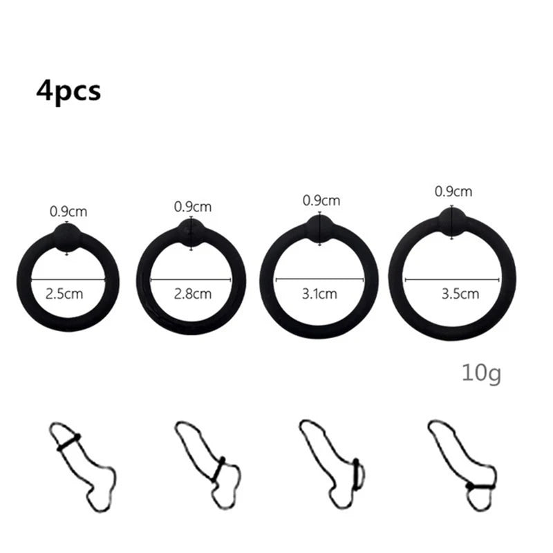 An image showing the four different single-bead cock rings in black silicone from smallest to largest of 2.5 cm, 2.8 cm, 3.1 cm, and 3.5 cm internal diameter. It also shows four different positions to attach the cock rings to like around the head of the penis, around the base of the shaft in front of the balls, around the base of the shaft but behind the balls, and around the scrotum