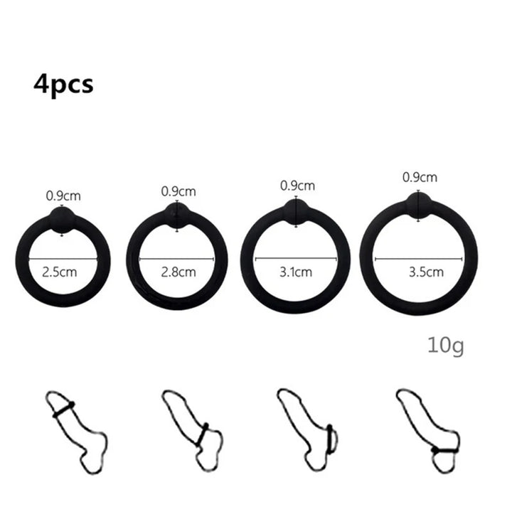 An image showing the four different single-bead cock rings in black silicone from smallest to largest of 2.5 cm, 2.8 cm, 3.1 cm, and 3.5 cm internal diameter. It also shows four different positions to attach the cock rings to like around the head of the penis, around the base of the shaft in front of the balls, around the base of the shaft but behind the balls, and around the scrotum