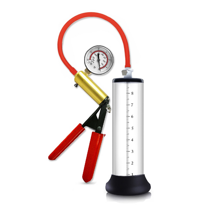 penis pump with red hose and old trigger style mechanism on white background