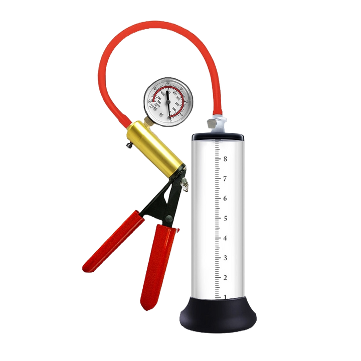 Penis pump with old school trigger pump, red hose, and clear cylinder on a png transparent background