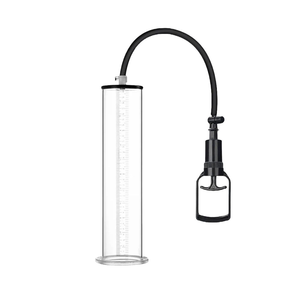 The image shows a high-efficiency manual-handle penis pump with a clear ruled-labeled cylinder and a black manual lever with a hose attached on a transparent PNG background