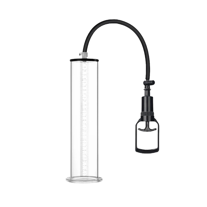 The image shows a high-efficiency manual-handle penis pump with a clear ruled-labeled cylinder and a black manual lever with a hose attached on a transparent PNG background
