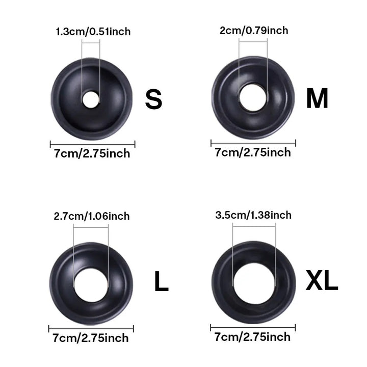 An image showing the small, medium, large, and extra large sizes and their dimensions of the thin flexible penis pump sleeve cover