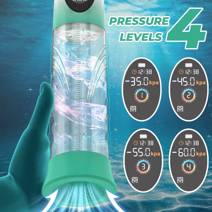 Tidalforce Penis pump showing the 4 pressures on its digital display