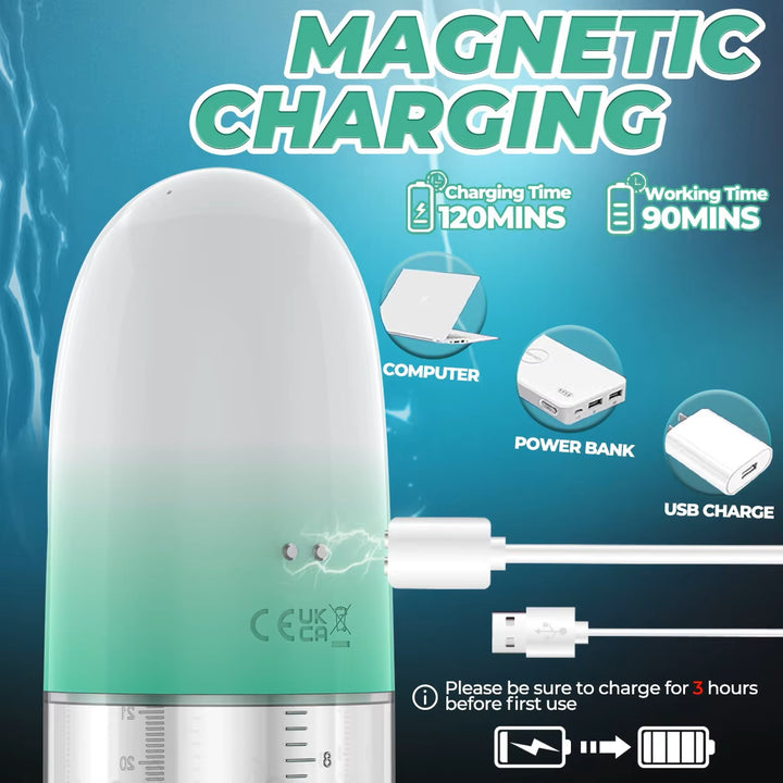 Electronic water penis pump with magnetic charging displaying the charging time and working time information on a blue background