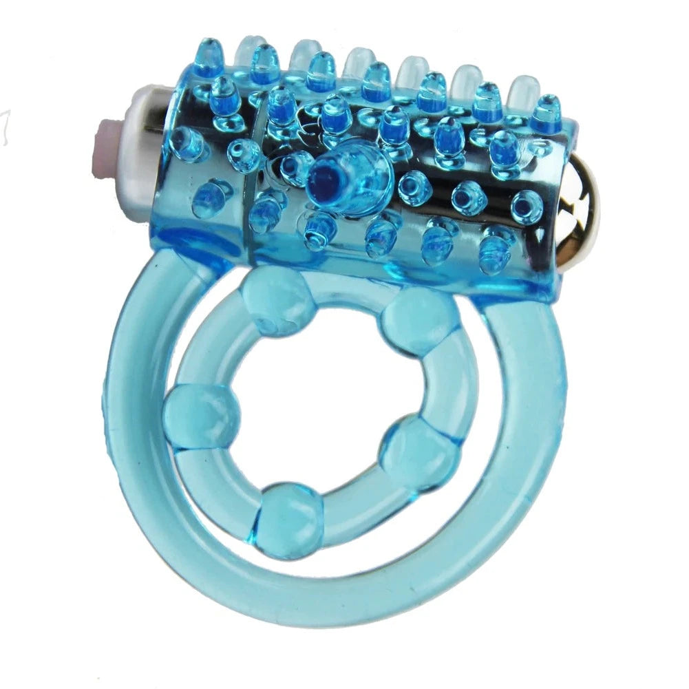 A blue transparent cock ring with a double-band attachment. The outer ring is textured, and the device contains a small stainless steel vibrator for additional stimulation.