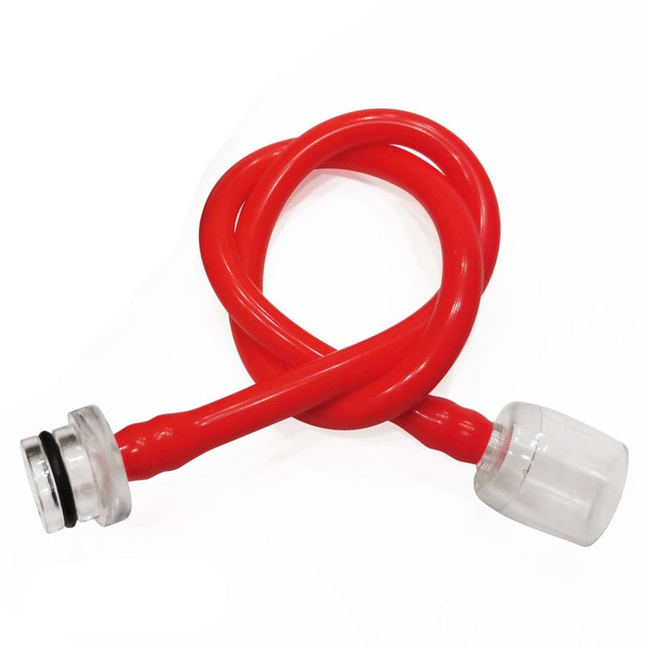 A red penis pump hose made of silicone rubber with two connectors on either end