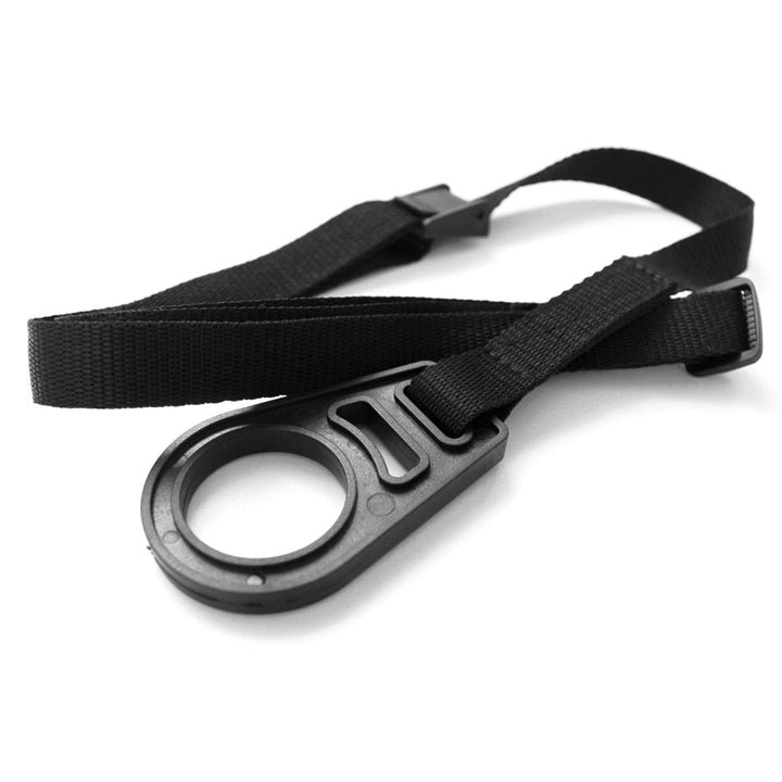 A black support belt made of plastic and elastic that goes around the user's neck and the top of the water penis pump to hold it in place