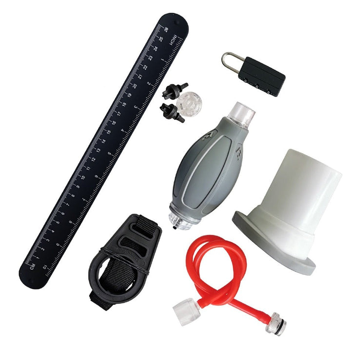 This image shows the full collection of water penis pump replacement parts including a black ruler, black support belt, gray hand pump, red hose, plastic cylinder pad, and connector valves.