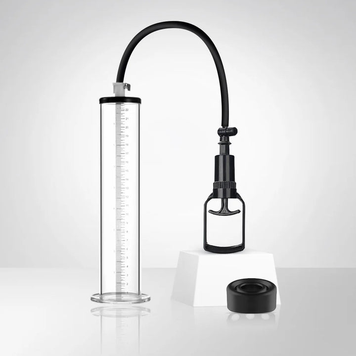This image shows a 12" inch high-efficiency manual-handle vacuum pump with the hose, cylinder, handle-pump, and silicone sleeve