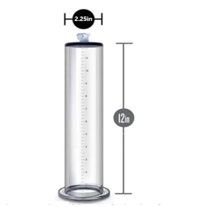 This image shows a long straight clear acrylic penis pump spare part with an inch-increment ruler imprinted on the side measuring 12 inches by 2.25 inches