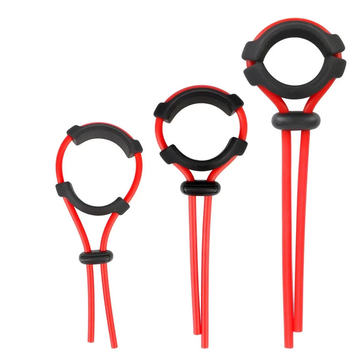 An image showing three adjustable cock rings, all at different stages of adjustment showing how to use the clasp and product