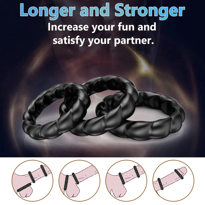 An image displaying the different applications, positions, and orientations of the braided silicone cock ring including around the scrotum, at the base of the penis, at the midshaft, or behind the glans at the tip.