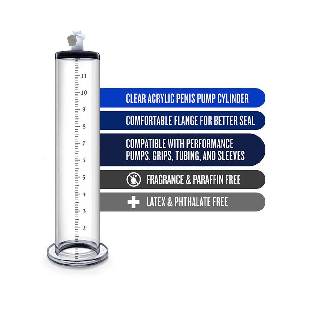 list of features and benefits of the included penis pump cylinder like clear cylinder for visibility in chamber, skin safe, fragrance free