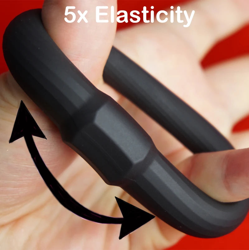 Black silicone rubber constriction band being stretched with text '5x Elasticity' on a red background